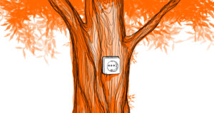 Baum mit Steckdose als Symbol für Energie auftanken und Erholung