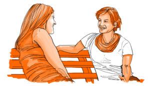 Illustration zweier Frauen auf einer Bank im Gespräch