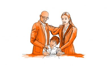 Mann und Frau stehen hinter schreibendem Kind und legen sich und dem Kind eine Hand auf die Schulter