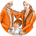 Mann und Frau stehen hinter schreibendem Kind und legen sich und dem Kind eine Hand auf die Schulter